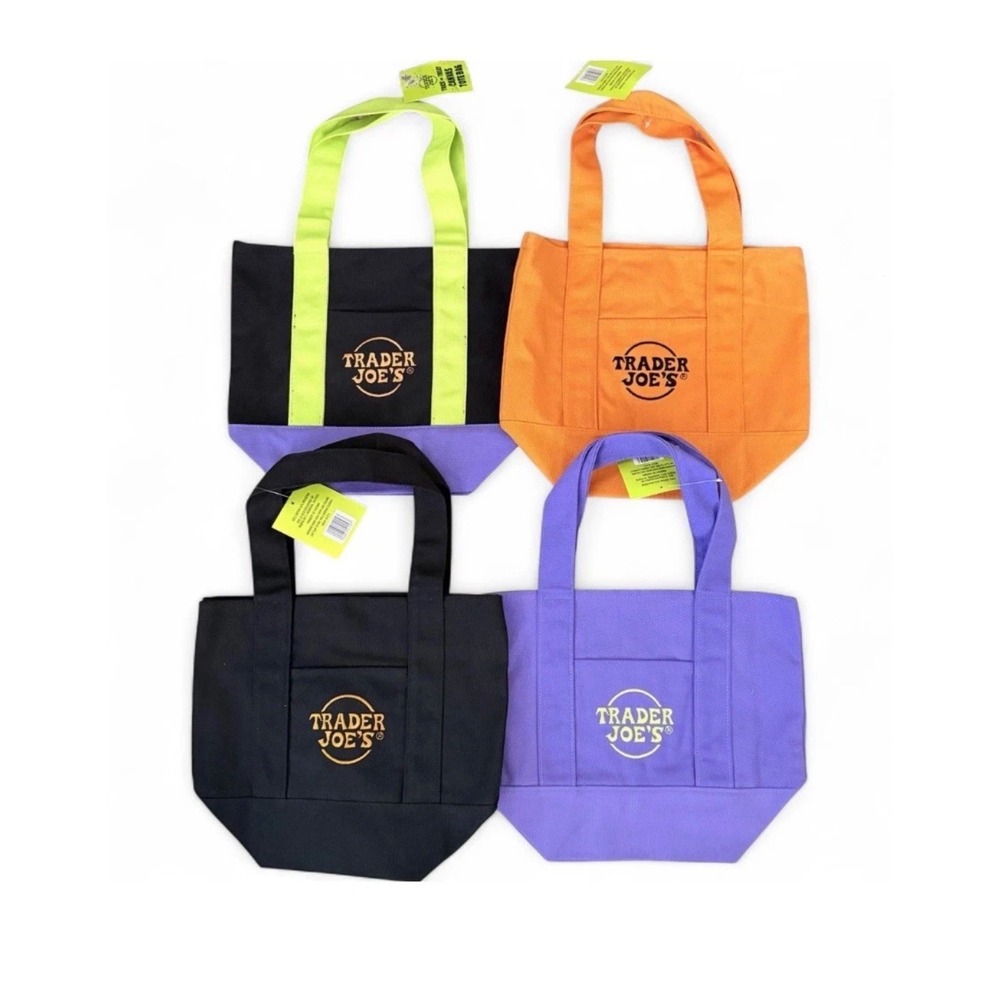 Trader Joe's Mini Canvas Tote Bag Set of 4 Black Purple Orange Green New NWT